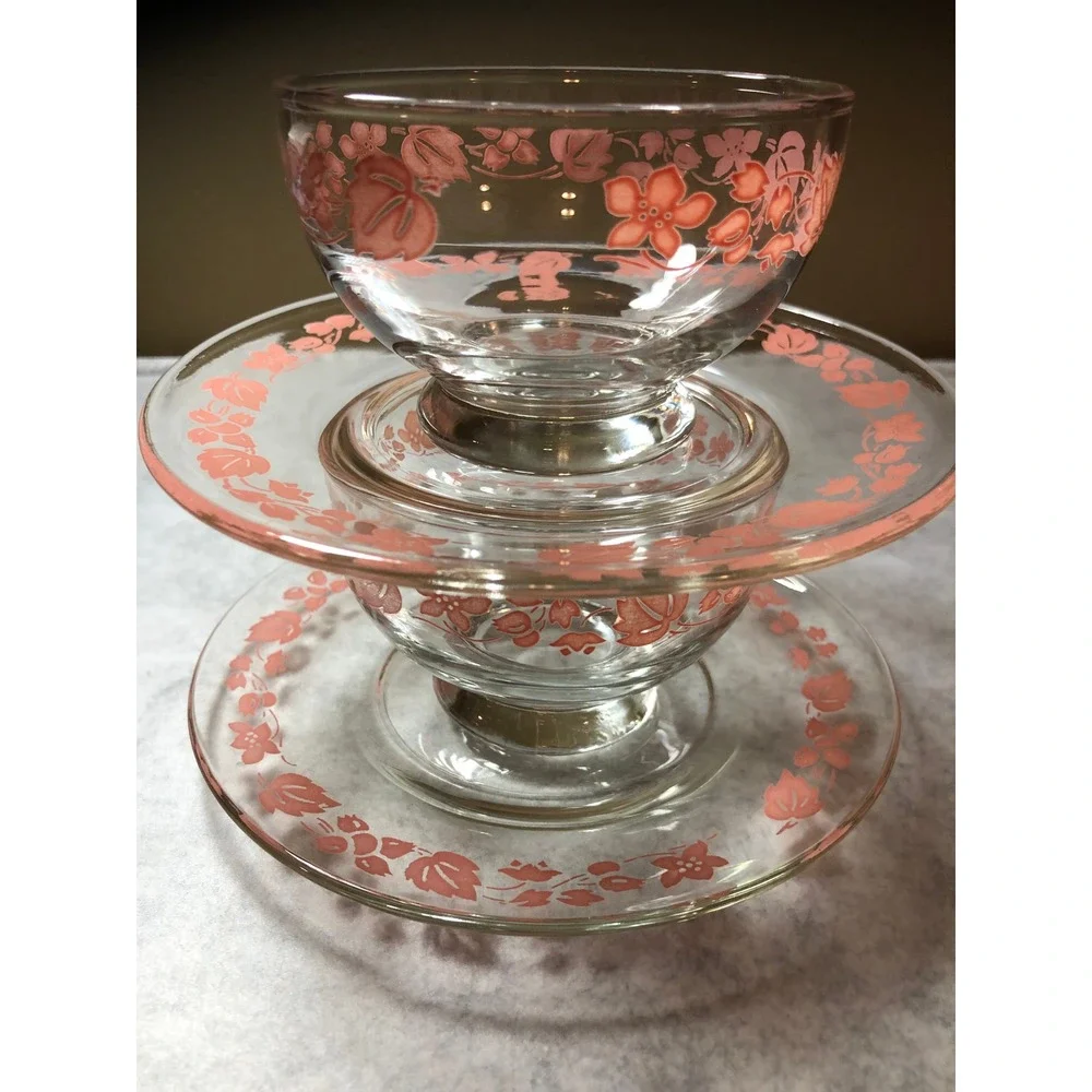 2 ~Vintage Pink Gooseberry Sherbet Bowl & Saucer Sets Coquette Vintage Pyrex